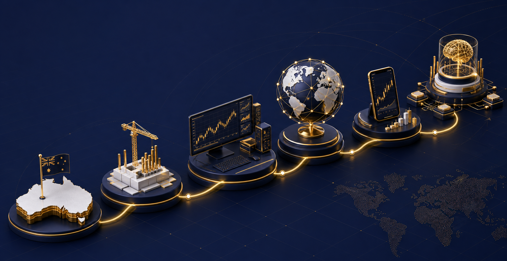 Five illustrated milestones showing WavexOne growing from Australia into a global trading network
