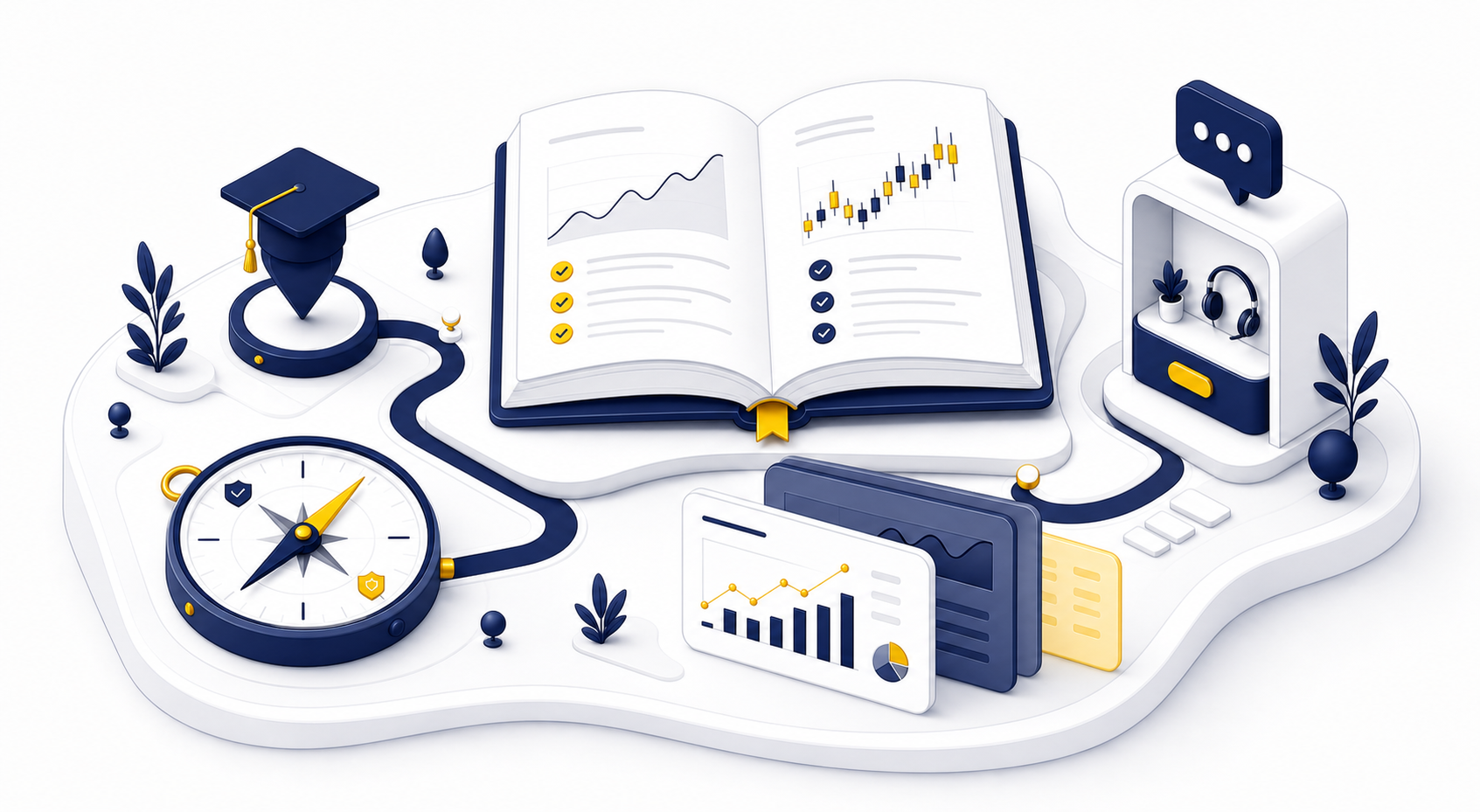 An isometric learning kit with a trading handbook, risk compass, chart cards, and support kiosk