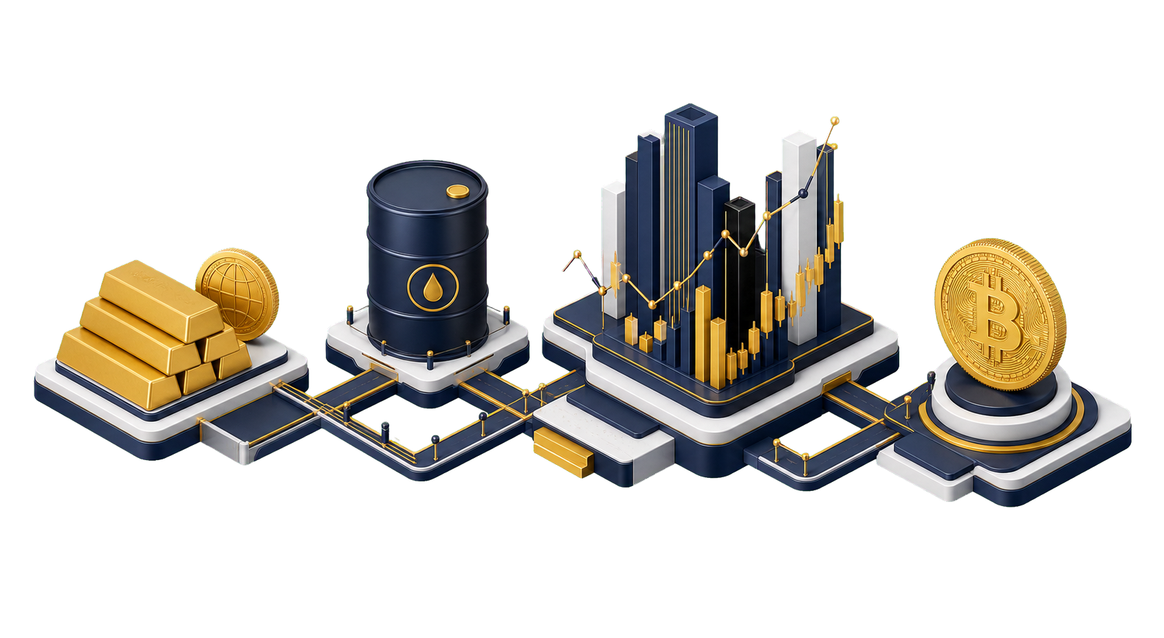 An isometric market universe connecting gold, oil, global indices, and cryptocurrency