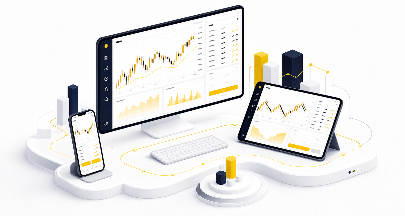 WavexOne trading dashboard shown across desktop, tablet, and mobile devices