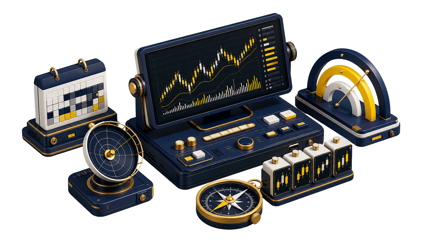 An isometric trading intelligence workstation with market scanner, signals, calendar, sentiment gauge, and analysis tools